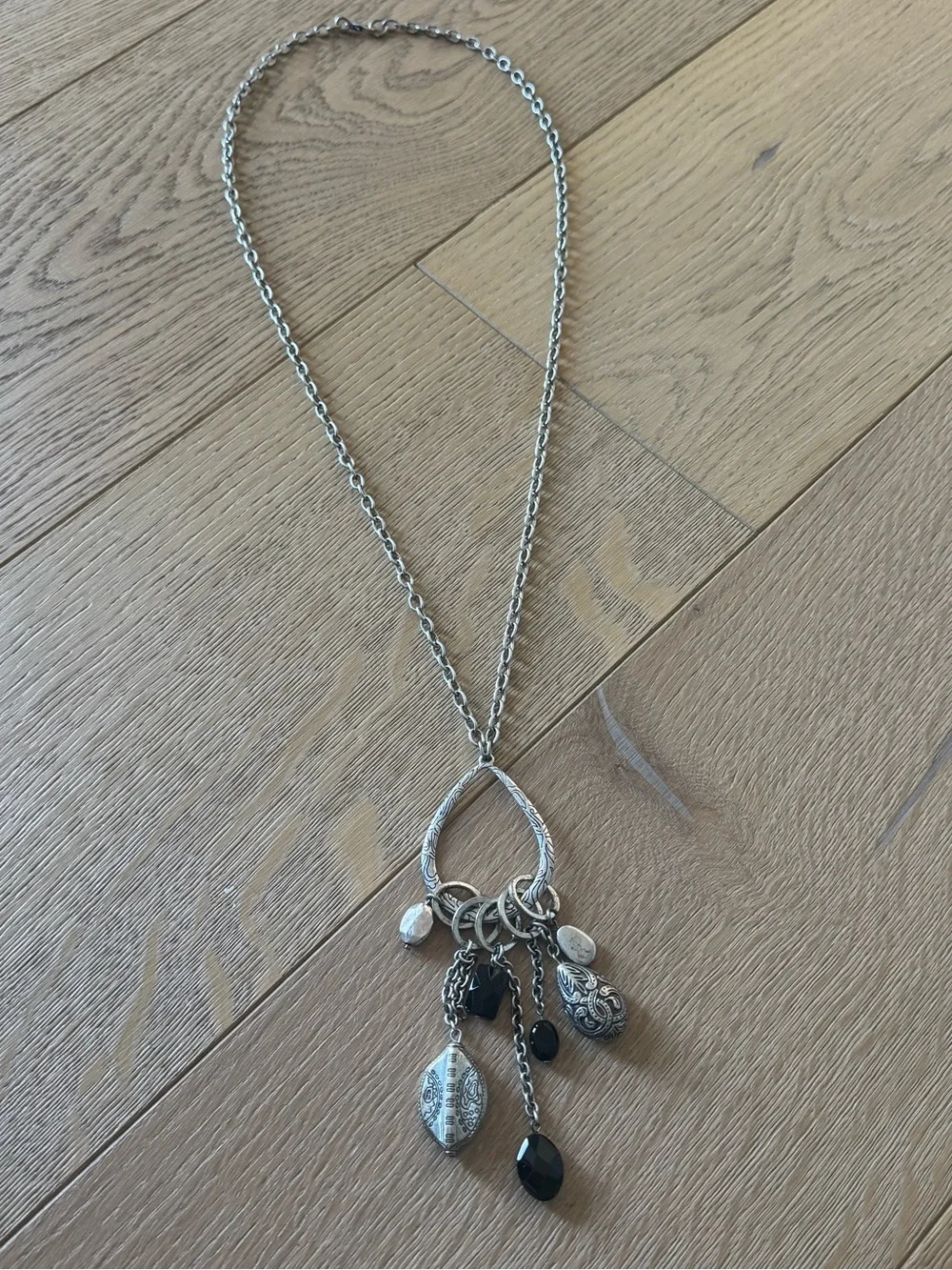 Boho Chic Silver & Onyx Statement Tear Drop Loop Pendant Necklace